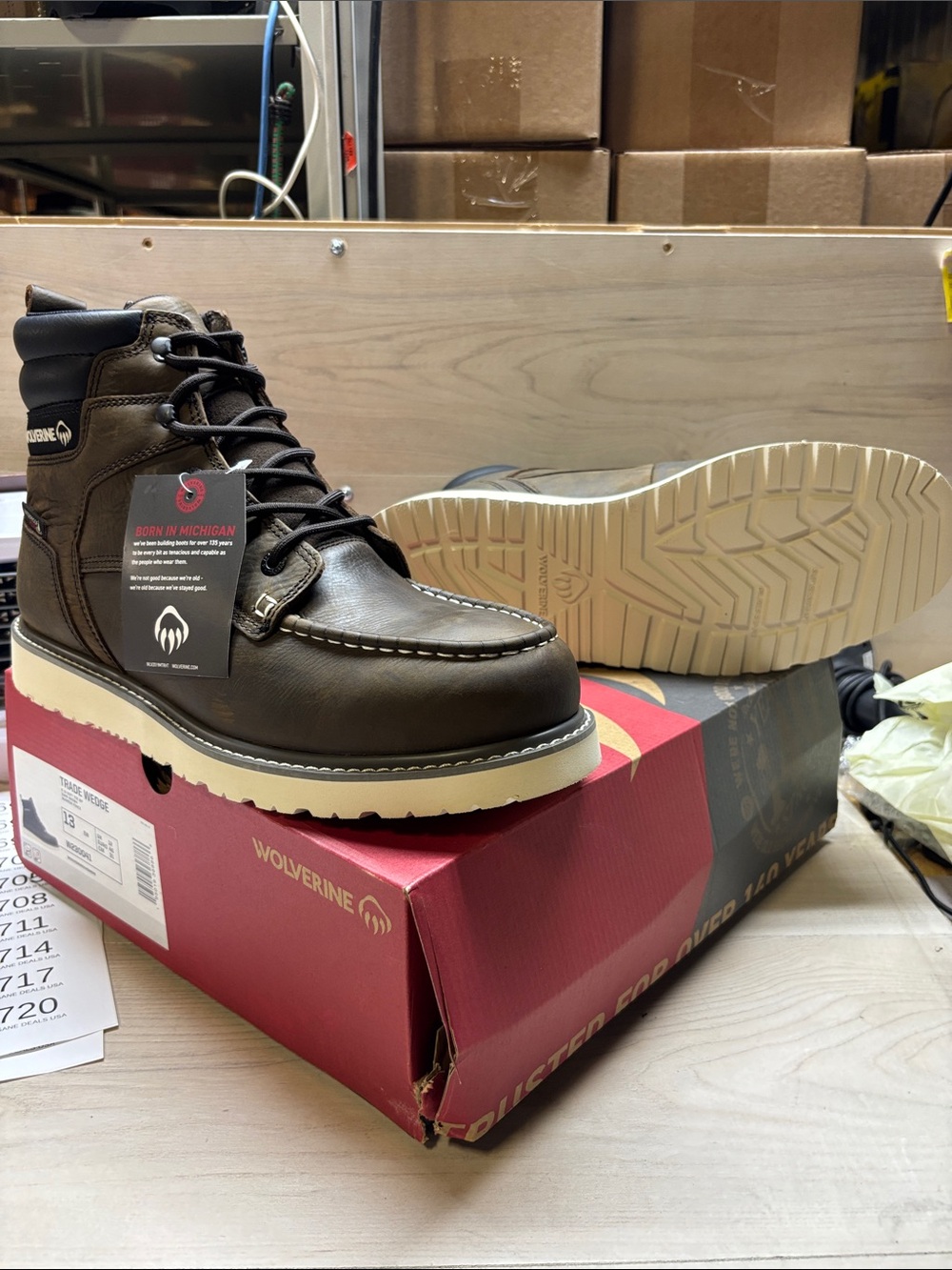 Wolverine Dark Brown Moc Toe Work Boots with Cream Sole #641